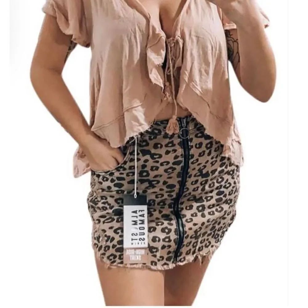 NWT Womens Almost Famous Denim Animal Print Leopard Distressed Jean Skirt - Sz 9